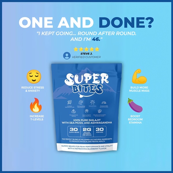 A square-format performance ad featuring a customer testimonial for Shilajit gummies, using emojis and benefit icons to highlight product advantages.